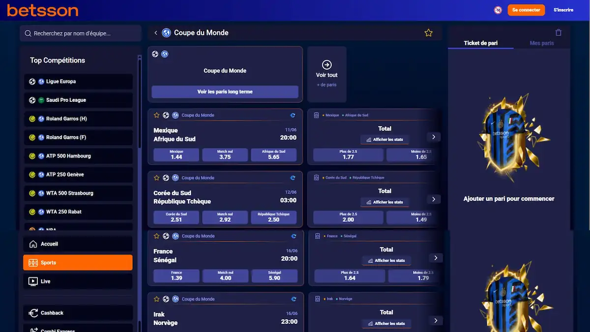 Interface Betsson Mondial 2026
