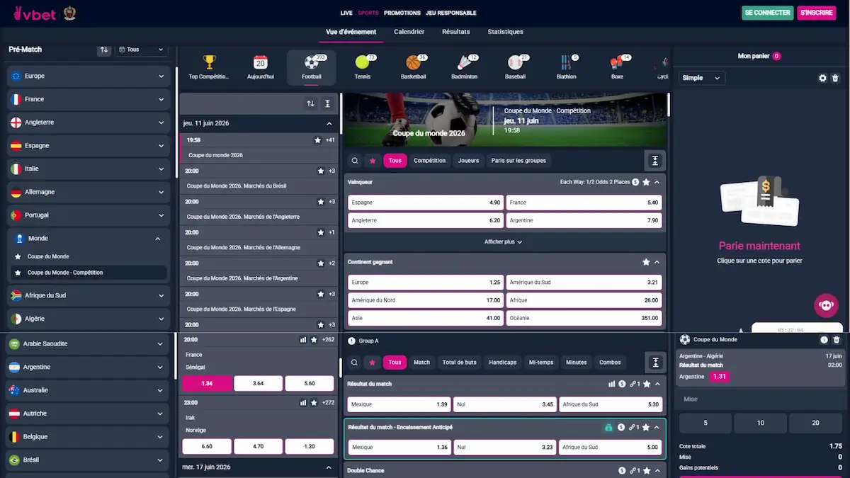 Interface VBet Mondial 2026